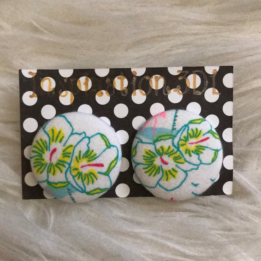 Hibiscus Print Handmade Button Earrings